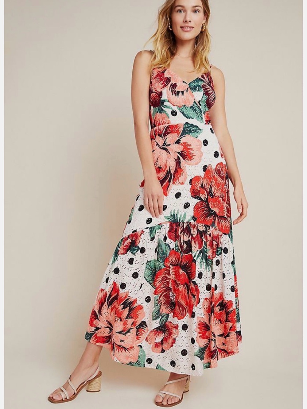 FARM Rio Red Floral Slip Maxi Dress with Black Dot Accents - Picture 2 of 6